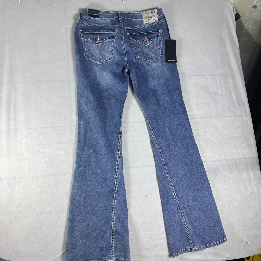 NWT True Religion Joey Womens Flare Jeans Blue Denim Mid Rise Flap Pockets 29‎